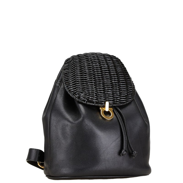 サルヴァトーレフェラガモ ガンチーニ リュック バックパック ブラック レザー ラフィア レディース Salvatore Ferragamo 【中古】