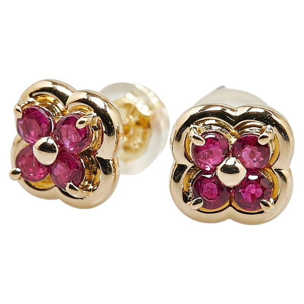 タサキ K18YG イエローゴールド ルビー 花 フラワー クローバー モチーフ ピアス レディース TASAKI 【中古】