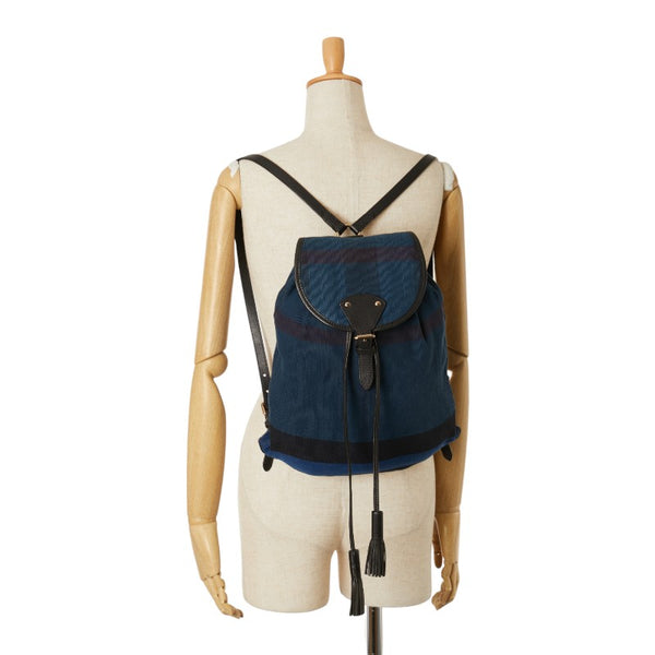 バーバリー チェック リュック バックパック ブルー ネイビー マルチカラー キャンバス レザー レディース BURBERRY 【中古】