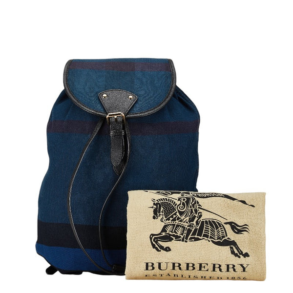 バーバリー チェック リュック バックパック ブルー ネイビー マルチカラー キャンバス レザー レディース BURBERRY 【中古】
