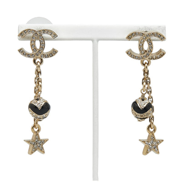 シャネル ココマーク ラインストーン スター 星 ボール モチーフ スイング ピアス ゴールド ブラック メッキ レディース CHANEL 【中古】
