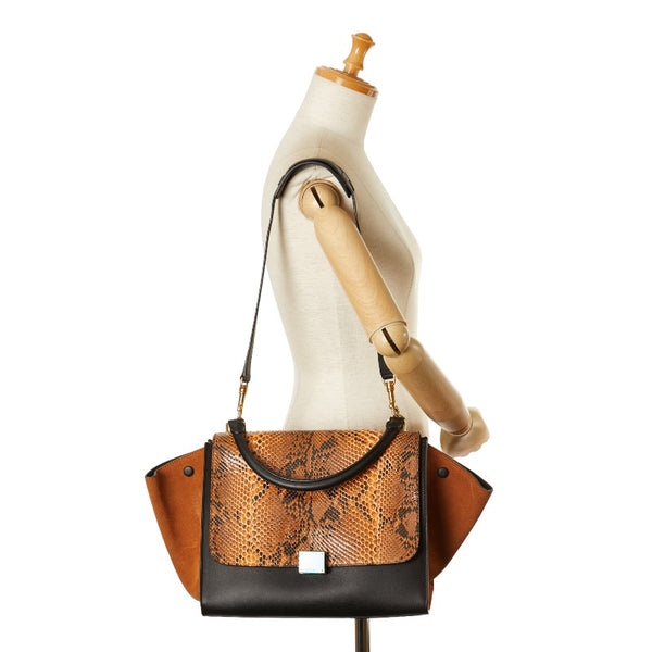セリーヌ トラペーズ パイソン型押し ハンドバッグ ショルダーバッグ 2WAY ブラウン ブラック レザー レディース CELINE 【中古】