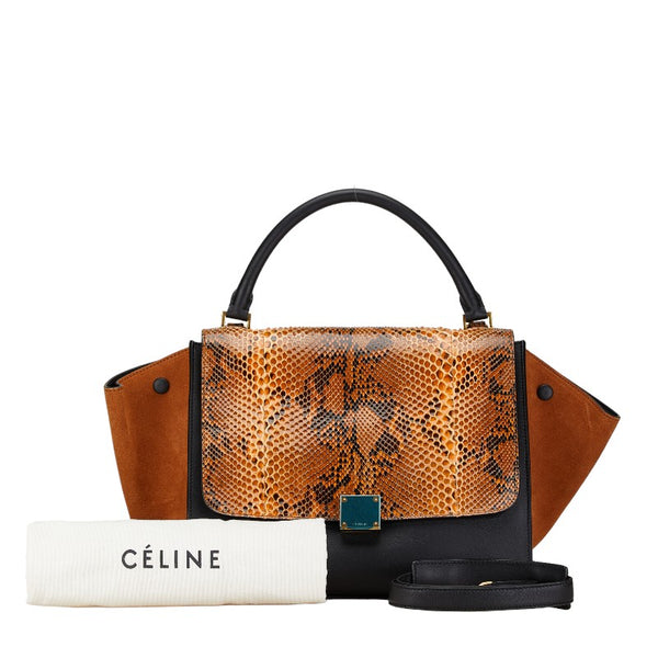 セリーヌ トラペーズ パイソン型押し ハンドバッグ ショルダーバッグ 2WAY ブラウン ブラック レザー レディース CELINE 【中古】