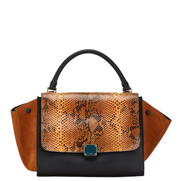 セリーヌ トラペーズ パイソン型押し ハンドバッグ ショルダーバッグ 2WAY ブラウン ブラック レザー レディース CELINE 【中古】