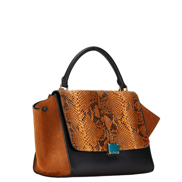 セリーヌ トラペーズ パイソン型押し ハンドバッグ ショルダーバッグ 2WAY ブラウン ブラック レザー レディース CELINE 【中古】