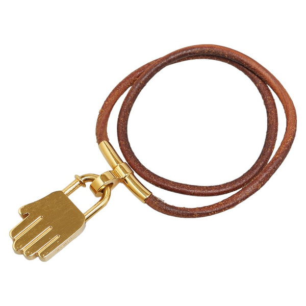 エルメス ANNEE DE LA MAIN ハンドモチーフ チョーカー ゴールド ブラウン メッキ レザー レディース HERMES 【中古】