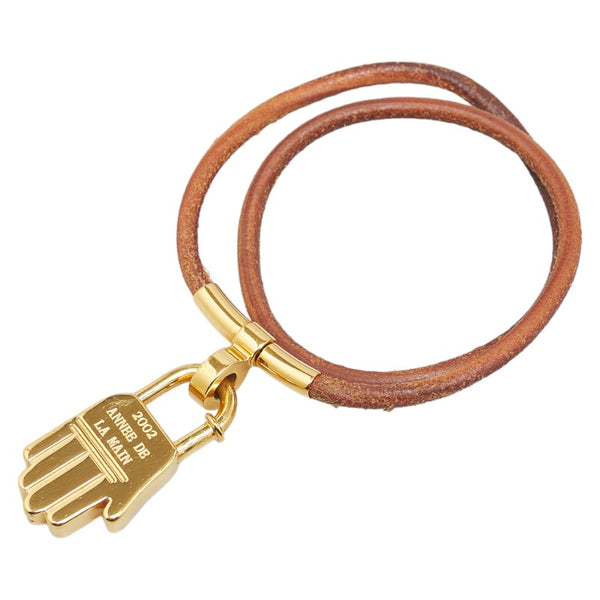 エルメス ANNEE DE LA MAIN ハンドモチーフ チョーカー ゴールド ブラウン メッキ レザー レディース HERMES 【中古】