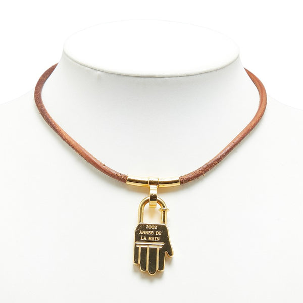 エルメス ANNEE DE LA MAIN ハンドモチーフ チョーカー ゴールド ブラウン メッキ レザー レディース HERMES 【中古】