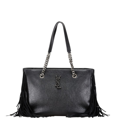 サンローラン フェスティバル フリンジバッグ YSLロゴ チェーン トートバッグ ブラック シルバー レザー レディース SAINT LAURENT 【中古】