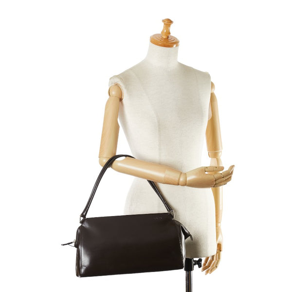 プラダ ロゴ型押し ハンドバッグ トートバッグ ダーク ブラウン レザー レディース PRADA 【中古】