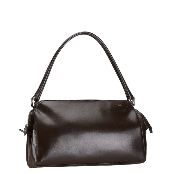 プラダ ロゴ型押し ハンドバッグ トートバッグ ダーク ブラウン レザー レディース PRADA 【中古】