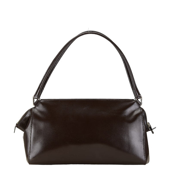 プラダ ロゴ型押し ハンドバッグ トートバッグ ダーク ブラウン レザー レディース PRADA 【中古】