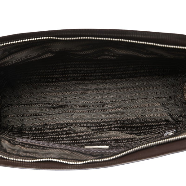 プラダ ロゴ型押し ハンドバッグ トートバッグ ダーク ブラウン レザー レディース PRADA 【中古】