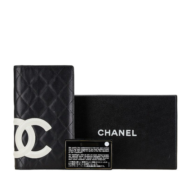 シャネル カンボンライン ココマーク 二つ折り財布 ブラック ホワイト レザー レディース CHANEL 【中古】