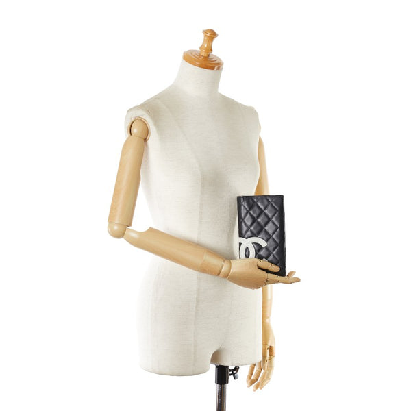 シャネル カンボンライン ココマーク 二つ折り財布 ブラック ホワイト レザー レディース CHANEL 【中古】