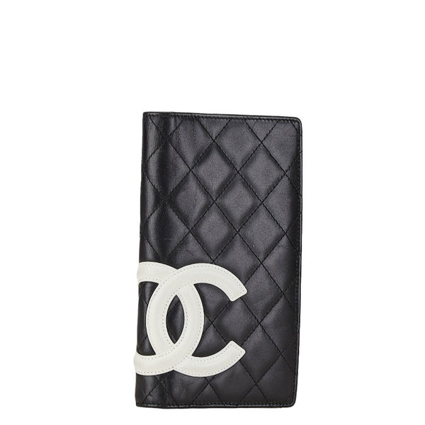 シャネル カンボンライン ココマーク 二つ折り財布 ブラック ホワイト レザー レディース CHANEL 【中古】