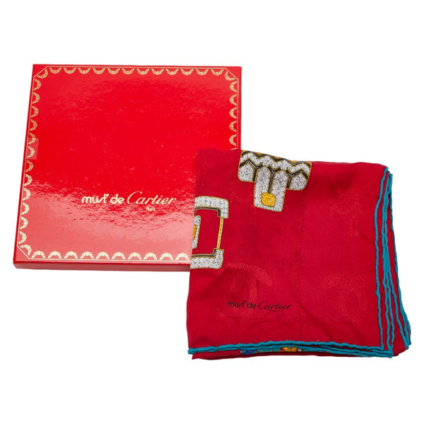 カルティエ マスト ドゥ カルティエ スカーフ レッド ブルー マルチカラー シルク レディース CARTIER 【中古】