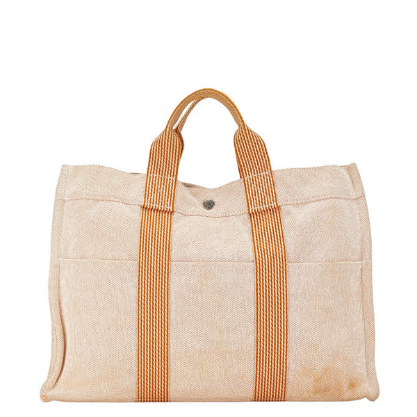エルメス ニューフールトゥ トートMM ハンドバッグ トートバッグ オレンジ ベージュ キャンバス レディース HERMES 【中古】