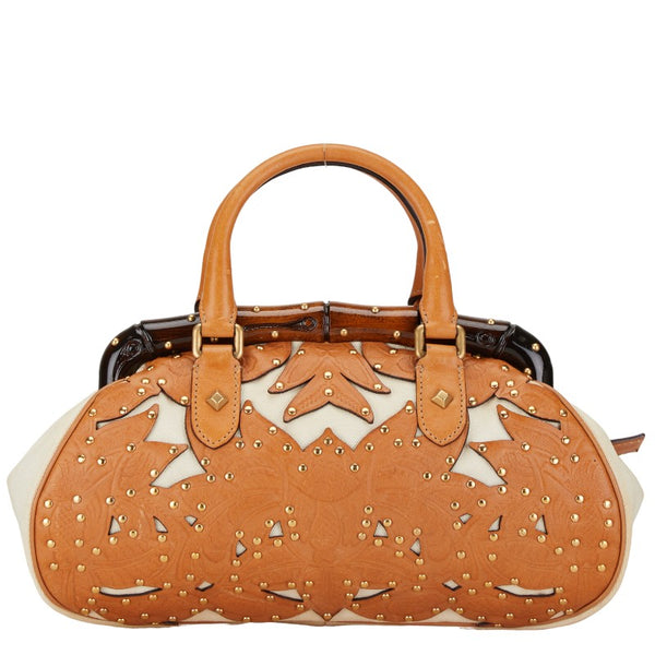 グッチ バンブー スタッズ フラワー 花 ハンドバッグ 123241 ブラウン ホワイト レザー キャンバス レディース GUCCI 【中古】