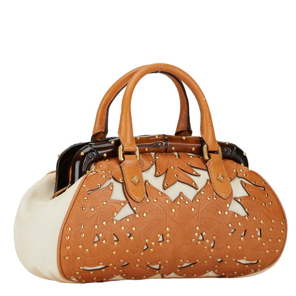 グッチ バンブー スタッズ フラワー 花 ハンドバッグ 123241 ブラウン ホワイト レザー キャンバス レディース GUCCI 【中古】