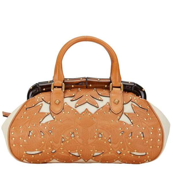 グッチ バンブー スタッズ フラワー 花 ハンドバッグ 123241 ブラウン ホワイト レザー キャンバス レディース GUCCI 【中古】