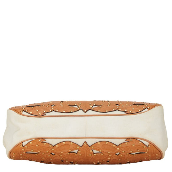 グッチ バンブー スタッズ フラワー 花 ハンドバッグ 123241 ブラウン ホワイト レザー キャンバス レディース GUCCI 【中古】