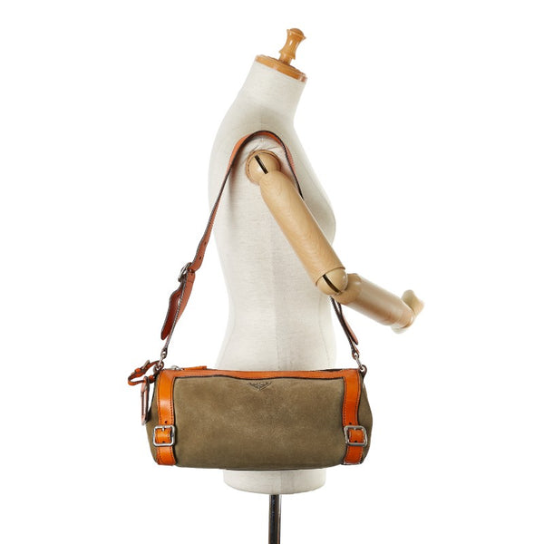 プラダ 三角ロゴプレート ワンショルダーバッグ カーキグリーン オレンジ スウェット レザー レディース PRADA 【中古】