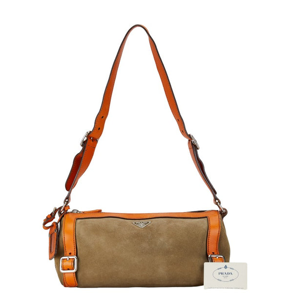 プラダ 三角ロゴプレート ワンショルダーバッグ カーキグリーン オレンジ スウェット レザー レディース PRADA 【中古】