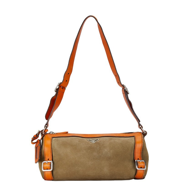 プラダ 三角ロゴプレート ワンショルダーバッグ カーキグリーン オレンジ スウェット レザー レディース PRADA 【中古】
