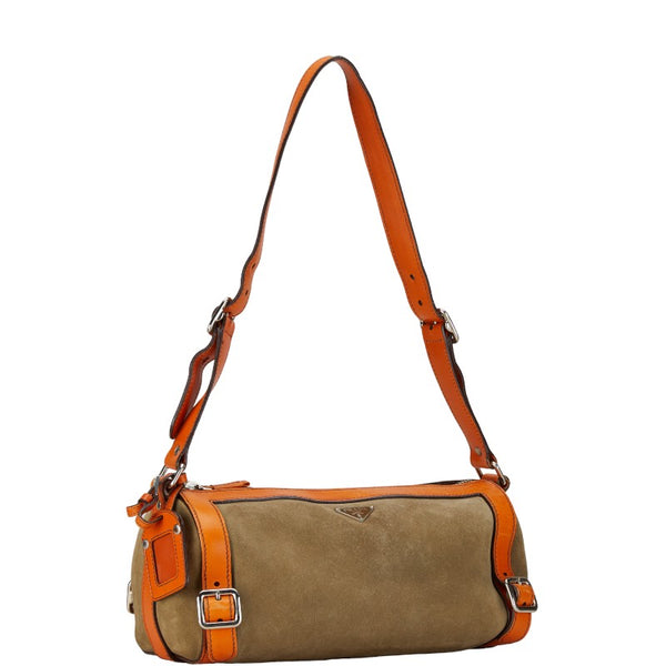 プラダ 三角ロゴプレート ワンショルダーバッグ カーキグリーン オレンジ スウェット レザー レディース PRADA 【中古】