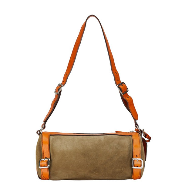 プラダ 三角ロゴプレート ワンショルダーバッグ カーキグリーン オレンジ スウェット レザー レディース PRADA 【中古】