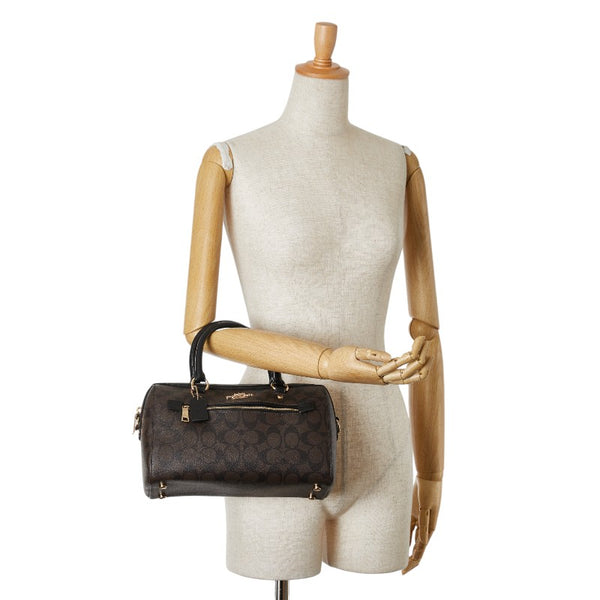 コーチ シグネチャー ハンドバッグ ミニボストンバッグ F83607 ブラウン ブラック PVC レザー レディース COACH 【中古】