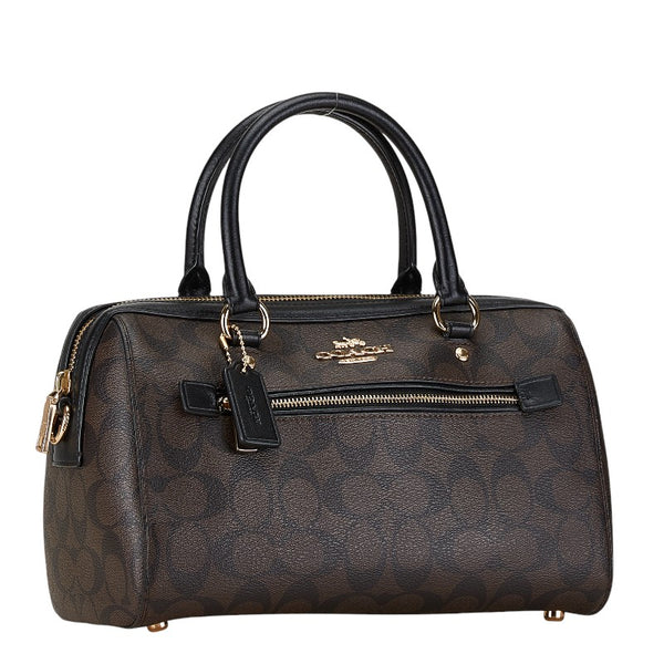 コーチ シグネチャー ハンドバッグ ミニボストンバッグ F83607 ブラウン ブラック PVC レザー レディース COACH 【中古】