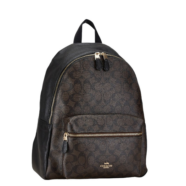 コーチ シグネチャー リュック バックパック F58314 ブラック ブラウン PVC レザー レディース COACH 【中古】