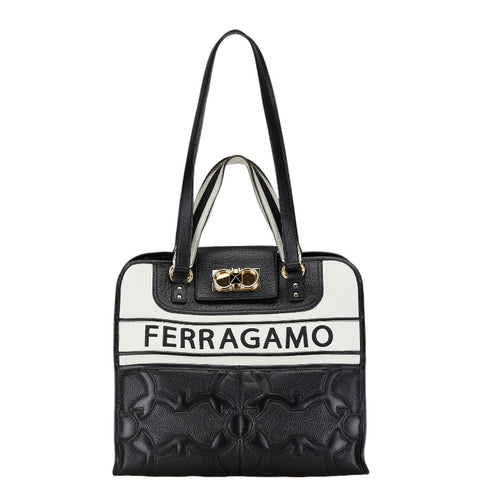 サルヴァトーレフェラガモ ガンチーニ アイコニック ハンドバッグ トートバッグ ブラック ホワイト レザー レディース Salvatore Ferragamo 【中古】