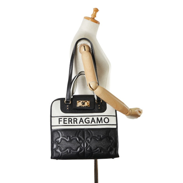 サルヴァトーレフェラガモ ガンチーニ アイコニック ハンドバッグ トートバッグ ブラック ホワイト レザー レディース Salvatore Ferragamo 【中古】