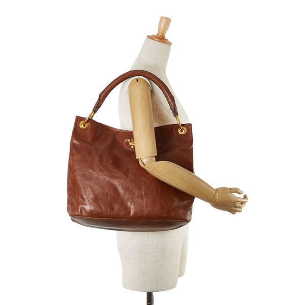 プラダ ロゴ ワンショルダーバッグ ハンドバッグ ブラウン レザー レディース PRADA 【中古】