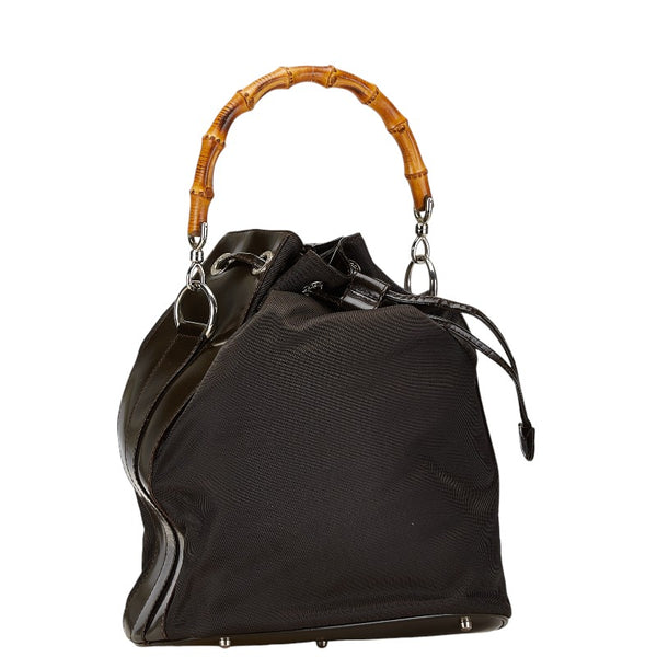 グッチ バンブー 巾着 ハンドバッグ ショルダーバッグ 2WAY 001 2854 1657 5 ブラウン ナイロン レザー レディース GUCCI 【中古】