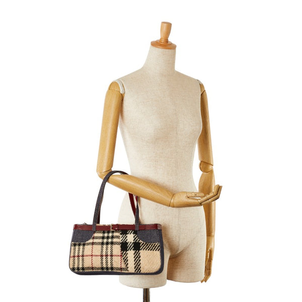 バーバリー ノバチェック ハンドバッグ ベージュ マルチカラー ツイード デニム エナメル レディース BURBERRY 【中古】