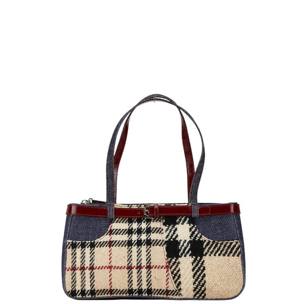 バーバリー ノバチェック ハンドバッグ ベージュ マルチカラー ツイード デニム エナメル レディース BURBERRY 【中古】