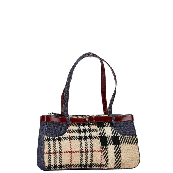 バーバリー ノバチェック ハンドバッグ ベージュ マルチカラー ツイード デニム エナメル レディース BURBERRY 【中古】