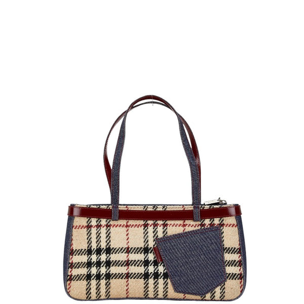 バーバリー ノバチェック ハンドバッグ ベージュ マルチカラー ツイード デニム エナメル レディース BURBERRY 【中古】