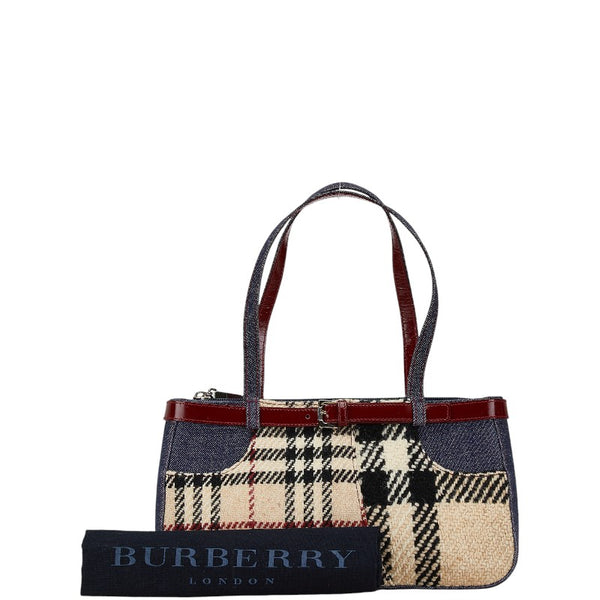 バーバリー ノバチェック ハンドバッグ ベージュ マルチカラー ツイード デニム エナメル レディース BURBERRY 【中古】