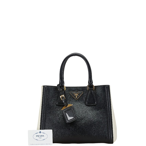 プラダ 三角ロゴプレート ハンドバッグ BN2608 ブラック ホワイト サフィアーノ レディース PRADA 【中古】