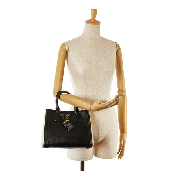 プラダ 三角ロゴプレート ハンドバッグ BN2608 ブラック ホワイト サフィアーノ レディース PRADA 【中古】