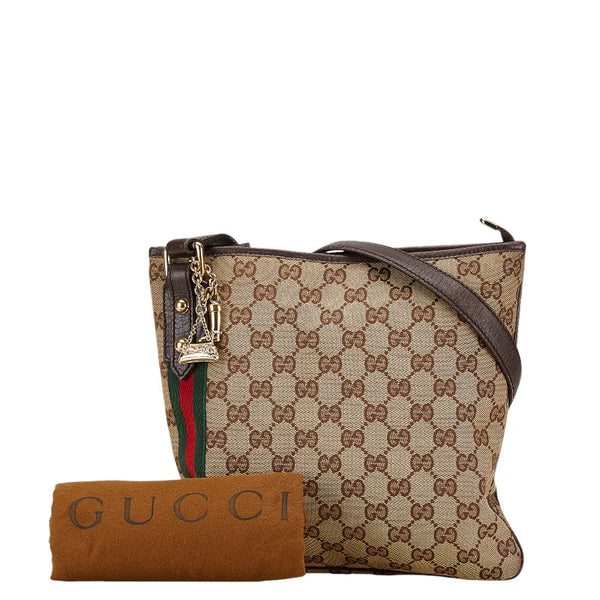 グッチ GGキャンバス シェリーライン 斜め掛け ショルダーバッグ 144388 ベージュ ブラウン キャンバス レザー レディース GUCCI 【中古】