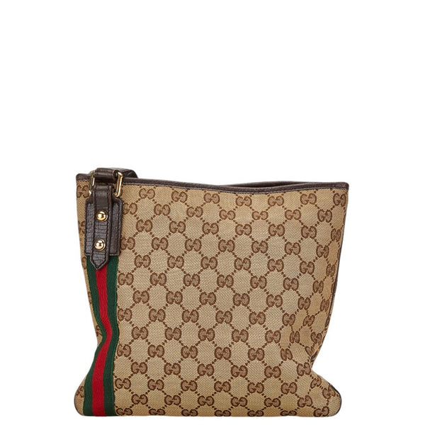 グッチ GGキャンバス シェリーライン 斜め掛け ショルダーバッグ 144388 ベージュ ブラウン キャンバス レザー レディース GUCCI 【中古】