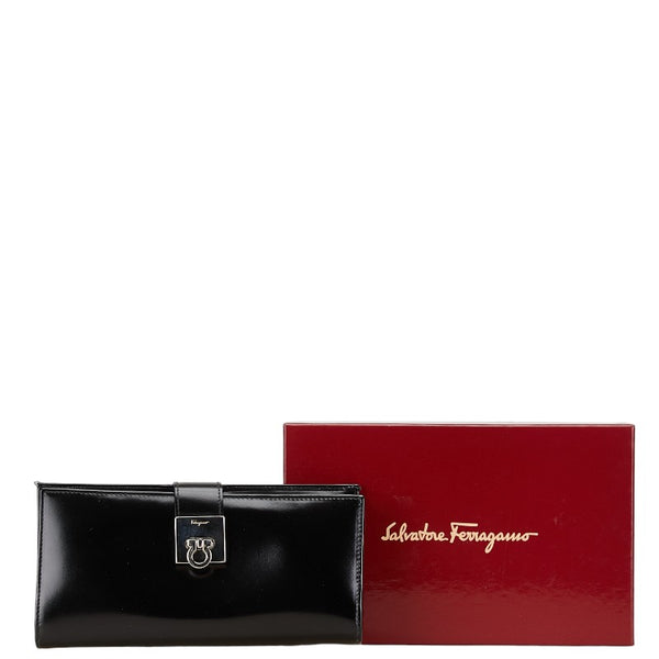 サルヴァトーレフェラガモ ガンチーニ 長財布 ブラック シルバー レザー レディース Salvatore Ferragamo 【中古】