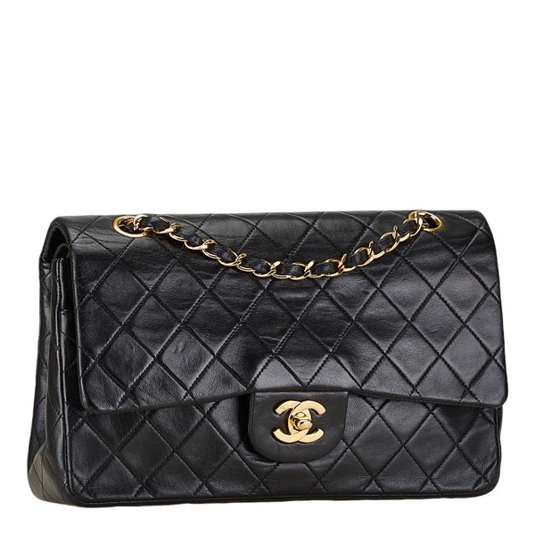 シャネル マトラッセ25 ダブルフラップ ココマーク チェーン ショルダーバッグ ブラック ラムスキン レディース CHANEL 【中古】
