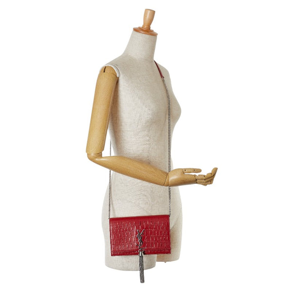 サンローラン KATE ケイト クロコ型押し タッセル 斜め掛け チェーン ショルダーバッグ ウォレット 452159 レッド レザー レディース SAINT LAURENT 【中古】